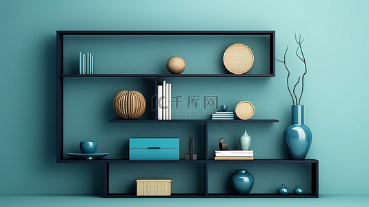 室内简约装饰背景图片_现代日本蓝色房间中展示的时尚简约橱柜，以 3D 渲染