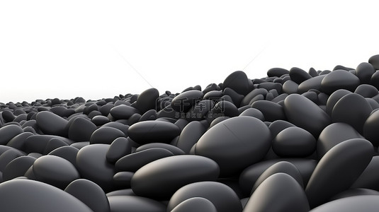 白色背景的 3D 插图，带有一堆黑色卵石或石头和复制空间