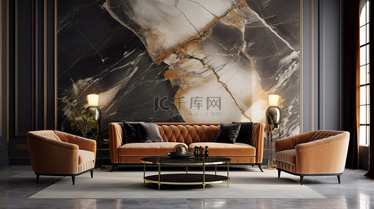 别致优雅背景图片_优雅的客厅配有豪华沙发别致的咖啡桌和时尚的扶手椅，光滑的黑色大理石地板上配有墙壁和天花板上的经典 D Cor 元素 3D 渲染