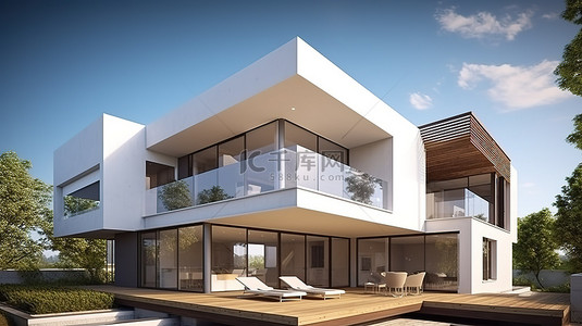 在 3D 渲染中带露台的当代房屋的日光视图