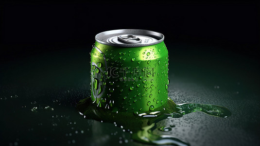 金属罐的 3D 渲染，用于带有露珠的清爽绿色饮料