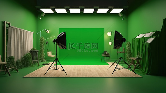 章鱼小丸子灯箱背景图片_以 3D 渲染的灯箱和柔光箱为特色的绿屏工作室鸟瞰图