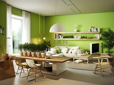 客厅配有白色木质家具和绿色墙壁