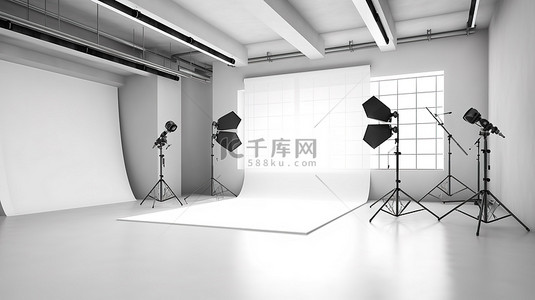 白色背景 3D 渲染摄影工作室内部与设备