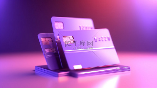紫色信用卡读卡器和收银机的最小 3D 渲染，用于在线购物概念