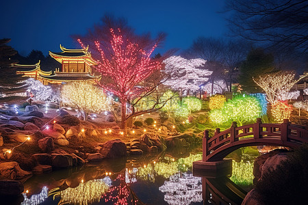 中国花园被圣诞彩灯点亮
