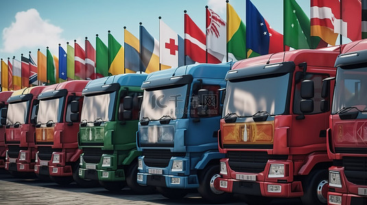 装饰卡车车队 3D 渲染的各种旗帜