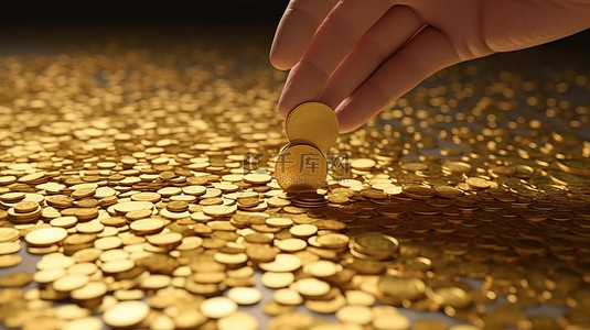 一只手拿着金币背景图片_省钱一只手拿着一枚金币，硬币落在背景 3D 渲染插图中