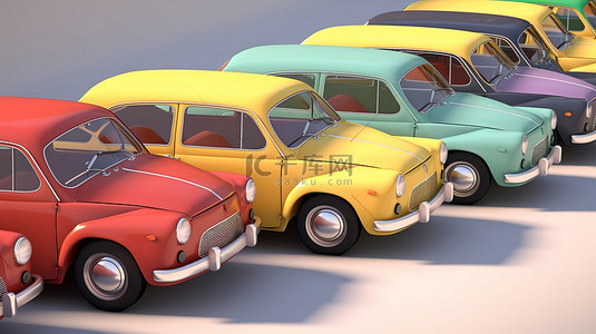 各种色调的复古紧凑型汽车堆积在 3d 渲染中