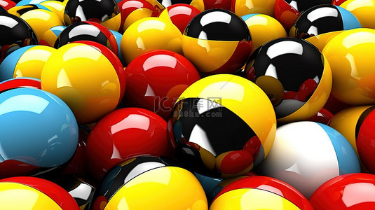 以 3D 呈现的蓝色黄色黑色白色和红色抽象插图中彩色球的分类
