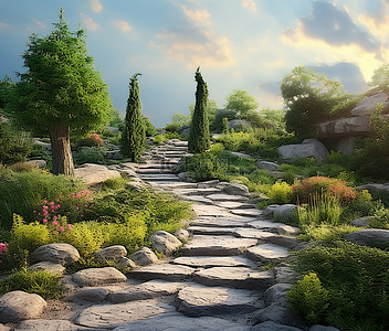 ps素材石路背景图片_吉尔伯特县的花园和石路