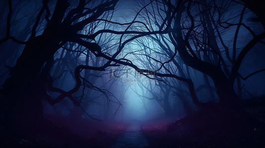 辉光背景图片_带有深色树木轮廓的怪异森林中神秘的辉光和雾气的 3D 数字插图