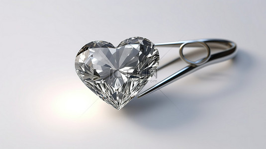 白色背景下钻石镊子中心形钻石的 3D 渲染