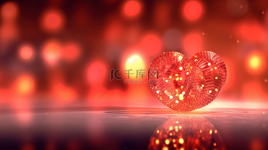 浪漫的红色散景灯与心脏中心 3D 渲染