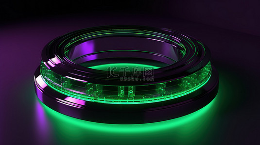 罗勒绿产品场景 3d 渲染，带有醒目的金属紫色环和圆形 LED 灯