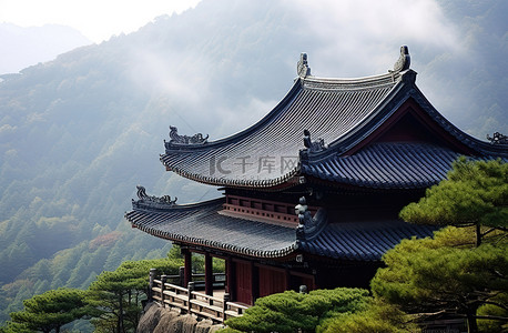 传统山背景图片_山中的寺庙与山
