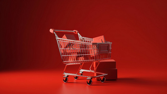 可视化购物车的在线购物体验 3D 渲染，带有充满活力的红色背景上的纸板箱