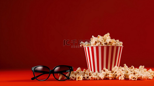 娱乐必需品 3D 眼镜爆米花和电影背景充满活力的红色背景