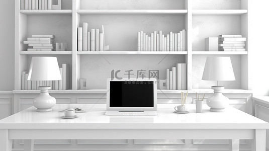 时尚桌面上白色工作站和笔记本电脑的当代简约家庭办公室 d cor 3D 渲染