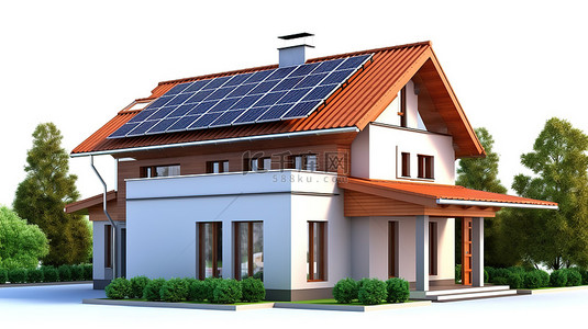 白色背景上配有独立太阳能电池板的独立住宅的 3D 插图
