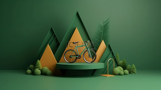 绿色背景 3D 渲染上具有几何抽象装饰的山地自行车运动概念
