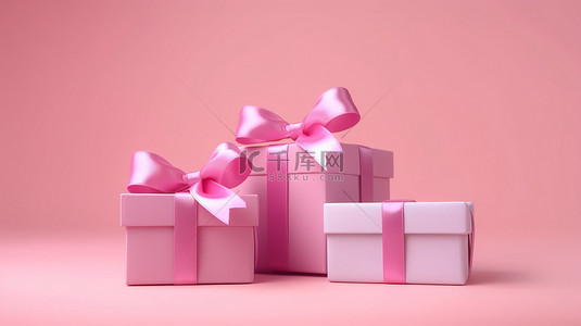 粉红色背景，带有 3D 渲染礼品盒和丝带蝴蝶结，非常适合圣诞节或生日礼物