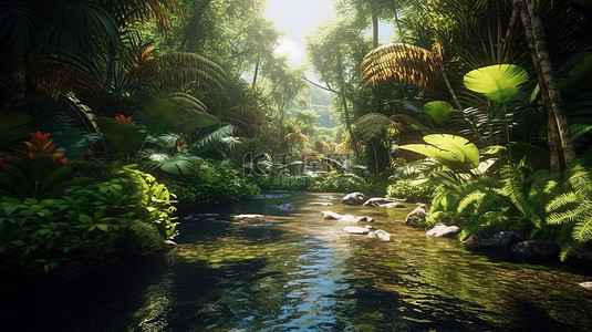 热带绿洲茂密的雨林与阳光照射的池塘 3d 渲染