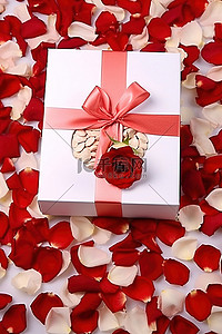 白色背景上花瓣顶部的红白玫瑰花瓣礼盒