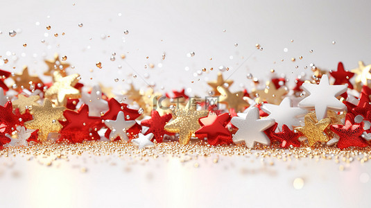 雪花新年背景图片_喜庆的 3D 渲染横幅，带有红色白色和金色的雪花，配有闪亮的闪光五彩纸屑和充足的自定义文本空间