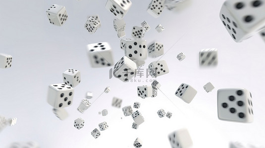 在赌场中滚动白色背景上运动的白色骰子立方体的 3D 渲染