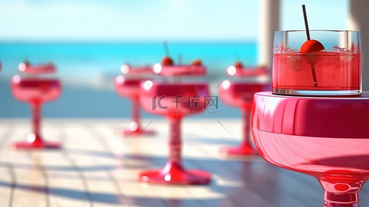 阳光明媚的海滩桌上红色热带鸡尾酒的极端特写与现代凳子 3D 渲染