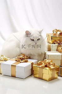 礼盒堆背景图片_白猫和金色礼盒