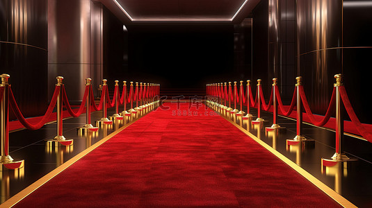 用红地毯和障碍呈现的 3d 银行入口黄金比特币