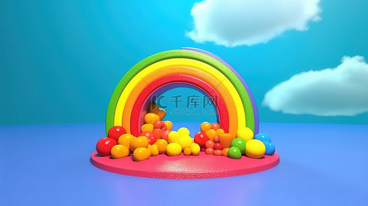可愛卡片背景图片_3d 渲染的卡通彩虹和太阳