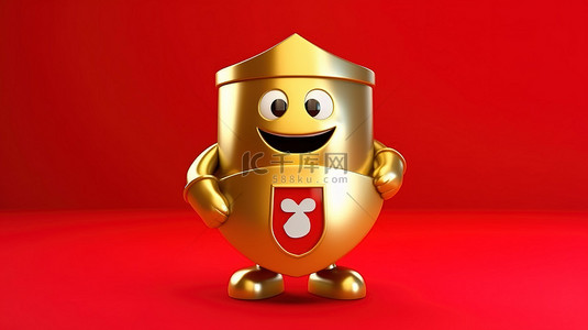 闪亮的硬币吉祥物，带有红色盾牌保护，用于黄色背景 3d 渲染的金色忠诚计划