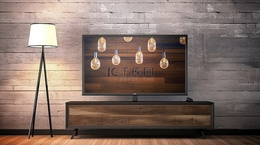 液晶电视背景图片_光滑的 LED 或液晶电视放在木桌上，以 3D 数字渲染