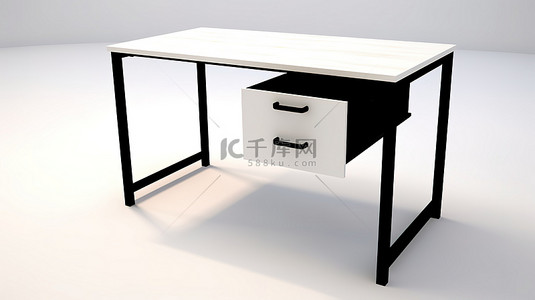 封闭式厨房背景图片_黑色金属腿桌的 3D 模型，带有封闭式拉出架和白色顶部，适合工作和学习