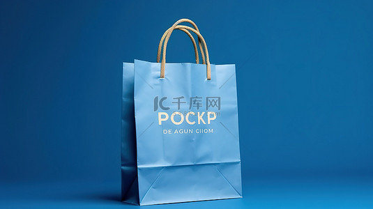 蓝色背景可持续包装上的生态友好纸板购物袋模型 3D 渲染