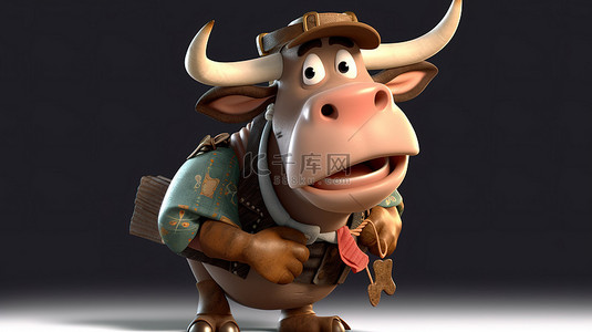 3D 插图中一头搞笑的公牛正在进行农业活动