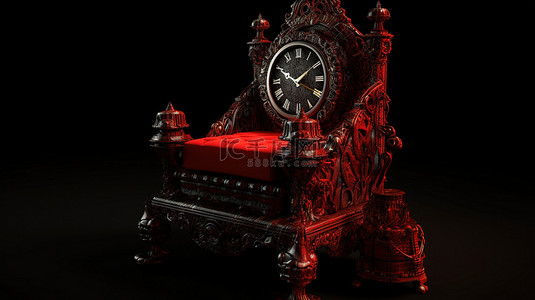 宝座背景背景图片_红色国王宝座与老式闹钟在 3d 渲染黑色背景