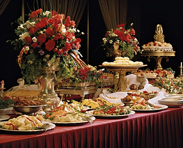 摆满各种食物和鲜花的餐桌