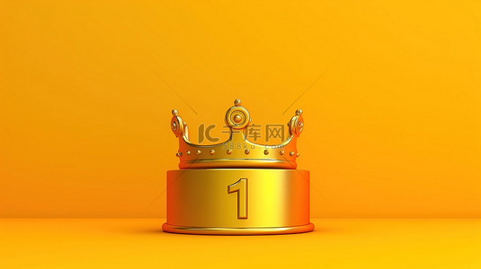 得奖杯背景图片_冠军的皇冠是金色的一号，装饰着黄色背景上的富丽堂皇的皇冠，并通过 3D 渲染变得栩栩如生