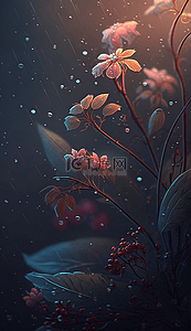 红色花立体背景图片_雨滴小花植物卡通的背景