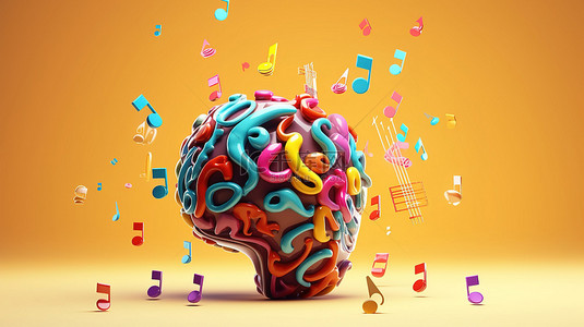 大脑的音乐思维 3D 插图，具有创造力和复制空间