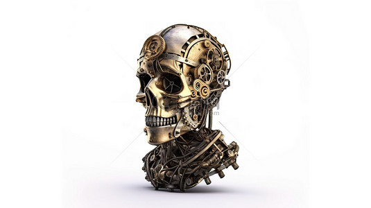 蒸汽朋克背景图片_白色背景 3D 渲染中带有闪亮金属头的老式蒸汽朋克雕像