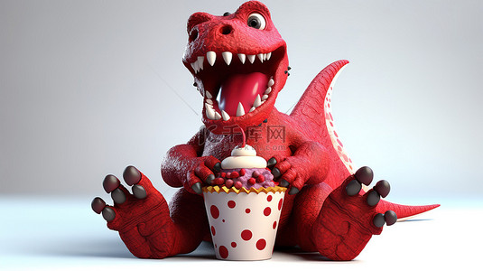 纸杯蛋糕卡通背景图片_可爱的 3D 恐龙，带着顽皮的笑容，沉迷于纸杯蛋糕
