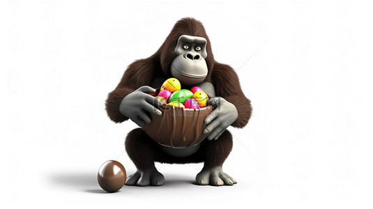 猴子插画背景图片_3d 大猩猩，有幽默感，拿着复活节巧克力蛋