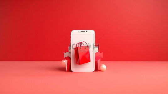 购物袋红色背景图片_红色背景在智能手机上展示 3D 渲染的购物袋，非常适合在线购物和电子商务