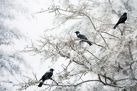 冬天的鸟背景图片_白色的冬天，白松枝上有深黑的鸟