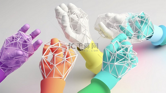 彩色几何手镯装饰着 3D 渲染中的白色人造女手